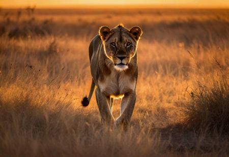 Picture a lioness prowling through the golden grasslands of the savanna as the sun dips below the horizon. Taken from a low angle, the photograph captures the lioness in silhouette against the vibrant hues of the evening sky. With the warm glow of twilight casting long shadows across the landscape, the image conveys a sense of anticipation and mystery as the queen of the savanna prepares for the hunt.  Low-key lighting Style