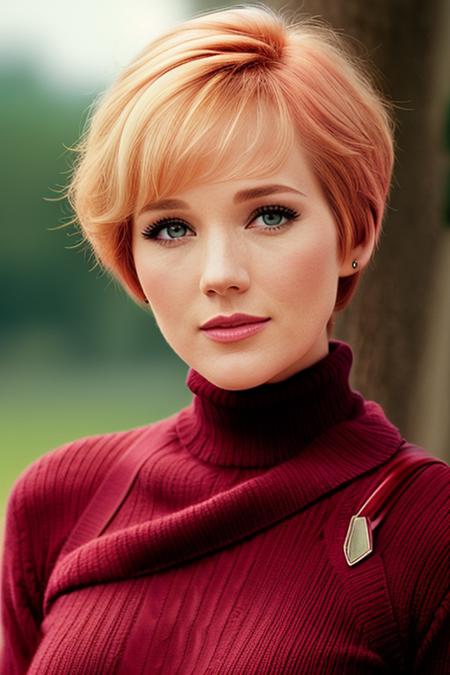 photo of a woman, julieandrews:0.99, ((pale skin)),((red hair, pixie cut, short hair):1.2) ((walking, outdoors, snow):1.1), (smiling), ((cowboy shot, waist, hips, thighs):1.2),((turtleneck sweater dress, scarf):1.2), ((red lipstick, eyeliner, eye shadow, blush)), ((best quality, masterpiece, extreme details, high resolution):1.2),((detailed eyes, beautiful eyes, detailed face, beautiful face):1.2)