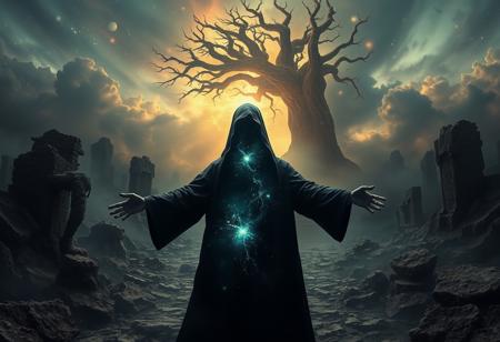 A universe inside a dark cloaked figure within mysterious landscape in an unfathomable realm of fantastic creation inhabited by ancient shadows of a forgotten time beyond the gate of the gateless gate where life is limitless, light is shadow and shadow is light, eerie sense, horror, spark of the beginning, existence and nonexistence at once, ethereal, outstretched arms, behold the end of the beginning, inglorious glory to the dark one, betrayal of the ancient order, beware the 7headed beast, destroyer of the old ways, bearer of the unbearable, nightmarish, archaic runes, tree aging backwards, breath of the gods, ruins of a place unimagined, extreme intricate detail, photorealistic, beyond epic scene, fate discarded, unseeable face of god, the end is the beginning, the beginning is the end, man arises as god dies, as above so below, as below so above, emerald tablet, thoth, guardian and saboteur of existence, hopeless hope, ghosts of the unborn, conception of the inconceivable, cosmic well of imperceptible perception, evil aura, infinite emptiness, pillars of void, overwhelming subtlety, abstract sacred geometry, beams of readiness without intention, gift of doom, despair of the ages, hidden secret warnings from dead gods, hand carved by the conductor of unholy loneliness with the sands of time incarnate, farewell her majesty of the most high, consumed by the night itself, beautiful tragedy of hellish discovery