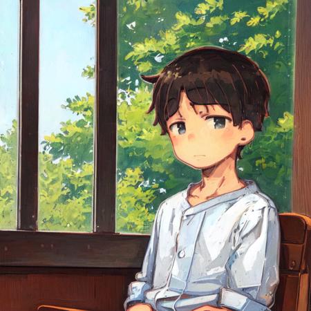 <lora:my-jrpencil-15:1> a boy sitting on a chair near the window in sunny weather, a clear contour, expressive eyes, a portrait