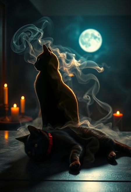 A mesmerizing image of smoke lit with a heavenly light elegantly forming a lifelike cat silhouette sitting on a table next to the prone lifeless body of a black cat with a red collar. The intricate details and vibrant colors of the cat, along with the perfect balance of smoke density and airiness, create an incredible visual effect. The background reveals a mystical or enchanted setting, possibly a dimly lit room with candles, a burning incense, and a moonlit sky. The combination of photo, illustration, 3D render, and painting techniques make this piece a true masterpiece., 3d render, photo, painting, vibrant, illustration.