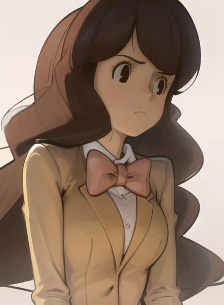 best quality, (masterpiece),(ultra-detailed), (high quality), (high resolution),  <lora:emmya-10:1>,1girl, black eyes, bow, bowtie, brown eyes, brown hair, clenched hand, closed mouth, emmy altava, frown, long hair, long sleeves, medium breasts,  school uniform, solo, white background, white shirt,yellow jacket,