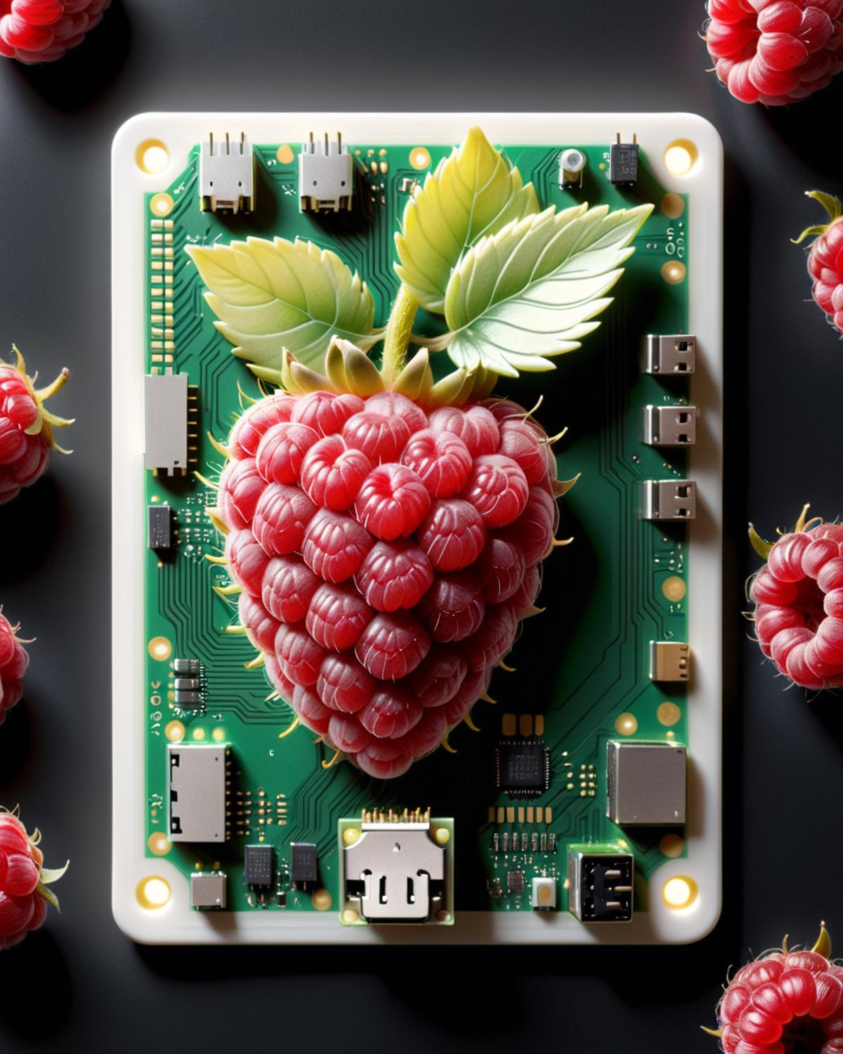 A close-up of a green computer board with a raspberry on top.