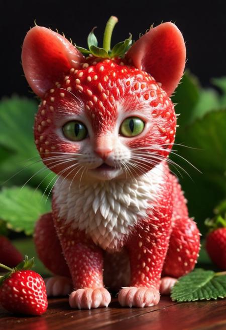 Create an image of a whimsical creature that resembles a small Kitten and mouse with the texture and color of a ripe strawberry. The creature's body and face are covered in strawberry red, with characteristic seed-dotted skin. It has green leaf-like structures mimicking ears and a ruff around its neck, as if the top of a strawberry was placed on its head. This kitten-like entity has round, innocent eyes, a small pink nose, and delicate white whiskers. Its pose is seated, with one paw slightly raised as if it were about to take a gentle step, and its tail curls behind its body, appearing plump and strawberry-like as well. Surrounding the creature are actual strawberries of a similar shade of red and with green caps, scattered on a glossy wooden surface. In the soft-focused background, hints of indoor plants in shadows create an almost ethereal setting. The overall atmosphere is quaint and charming, evoking a sense of magical realism.