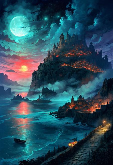 (by Ellen Jewett:1.5), (Bioluminescent Impressionism, Egyptian landscape, The Dreamland, core_9, panorama landscape, architecture, ships, wharf, sea, sunset, Italian village, Italy, enchanted fortress and fortified castle, above the clouds, mystical atmosphere, detailed stone and wood walls, magic mist swirls around, weibo, drawing, formal, retro 90's, red, black, science fiction, a dark sky lit by the glow of distant moons and neon lights. night, rockpunk, yoji shinkawa, James Jean, Ayami Kojima, village<lora:EnvyPanoramaXL01:0.5> PEAnimeBG, ethereal landscapes, depth of field, biotech emotion:1.3) <lora:xl_more_art-full_v1:0.5> <lora:add-detail-xl:1> <lora:RMSDXL_Creative:2>