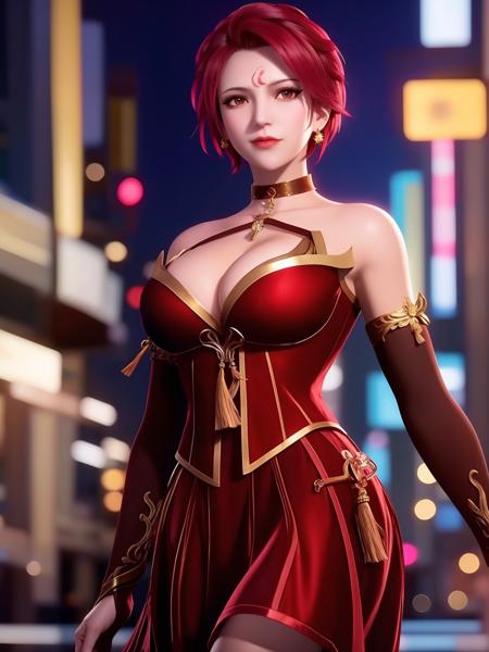 <lora:DLDLhuowu_20230728185842:0.75>,1girl,mature female,cityscape,night,looking at viewer, bare shoulders, short hair, dress,jewelry, facial mark, forehead mark, cleavage, elbow gloves, detached sleeves, choker,strap,cowboy shot, skirt,tassel,