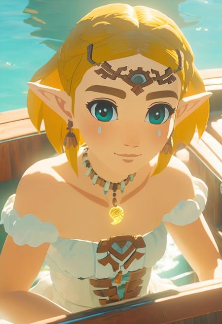 cinematic film still of a cute totkzelda,1girl,detailed wearing organza puffy dress, short hair, bare shoulders, solo,spread deep cleavage,leaning forward,
detailed eyes,detailed bond hair, (detailed White skin),(detailed light skin), medium breasts, (sunlight),(soft lighting),(soft pastel colors)(vivid color),(volumetric), detailed background,sitting on boat,from above,sunny day,light smile,
35mm film, sharp focus, canon f2.8 aperture,  <lora:xl_totkz:0.75>