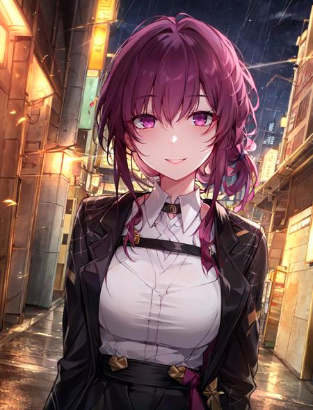 ((masterpiece)), kafka hsr, 1girl, solo, long_hair, breasts, looking_at_viewer, smile, bangs, shirt, gloves, long_sleeves, purple_eyes, jacket, white_shirt, ponytail, purple_hair, parted_lips, white_gloves, sunglasses, eyewear_on_head, smoke, rain

masterpiece, best quality, high quality, absurdres, shiny skin, colorful, dynamic pose, stunning art, best quality, hyper detailed, dynamic angle, beatlful detailed, reflective hair, good lighting, ray tracing, depth of field, ultra-detailed, illustration, Amazing, fine detail, extremely detailed, ((ultra-detailed)), (beautiful detailed girl), beautiful detailed glow, intricate detail, highres, an extremely delicate and beautiful, beautiful detailed eyes, realistic, hdr, rounded eyes, detailed facial features,

(illustration), (beautiful detailed eyes), ((very detailed face)), depth_of_field, eyebrows_visible_through_hair, frills, looking_at_viewer, outdoors, (upper body:1.4),

clothes reflecting light, (light diffraction on skin: 1.35), (glossy skin: 1.55), (Iridescence Effect: 1.55),

(alleyway, night, neon lights, dimly lit, sign:1.5),

critical angle, thick thighs,