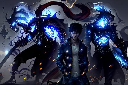 <lora:ShadowArmy_V1c:1>, a man standing in front of shadow army, best quality, masterpiece, demonic and dragon army, black jacket, white shirt, black pant