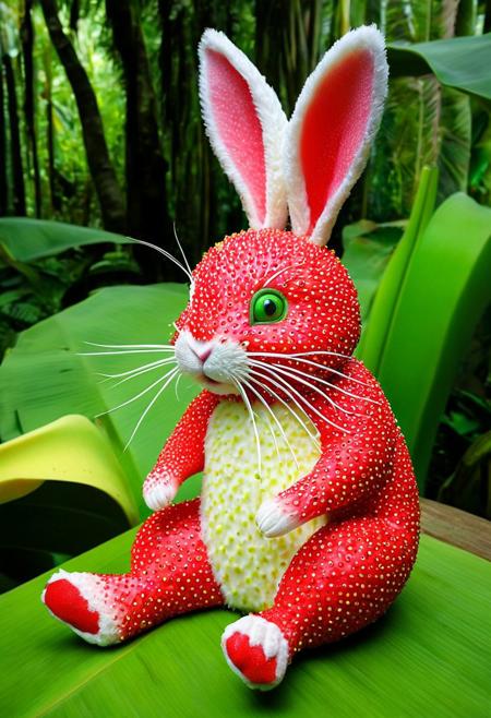 Create an image of a whimsical creature that resembles a small rabbit with the texture and color of a banana strawberry. The creature's body and face are covered in strawberry red, with characteristic seed-dotted skin. It has green leaf-like structures mimicking ears and a ruff around its neck, as if the top of a `banana was placed on its head. This rabbit-like entity has round, innocent eyes, a green pink nose, and delicate white whiskers. Its pose is seated, with one paw slightly raised as if it were about to take a gentle step, and its tail curls behind its body, appearing plump and banana-like as well. Surrounding the creature are actual bananas of a similar shade of yellow and with green caps, scattered on a glossy wooden jungle surface. In the soft-focused background, hints of jungle plants in shadows create an almost ethereal setting. The overall atmosphere is quaint and charming, evoking a sense of magical realism.