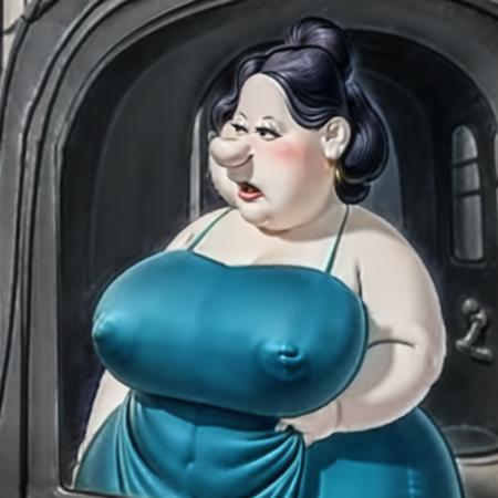 <lora:MaMa (Red Bull):0.8> 2d cartoon, anatomically correct, masterpiece, best high quality, ultra details, realistic, RAW Photo, perfect anatomy, 4k, 8k, quality lighting, detailed hands, detailed eyes, solo, obese, elderly, woman, blue dress, grey hair in a bun,  earrings, massive thighs, massive hips, hyper breasts, nose <lora:BGV5EX:1>  <lora:add_detail:1>