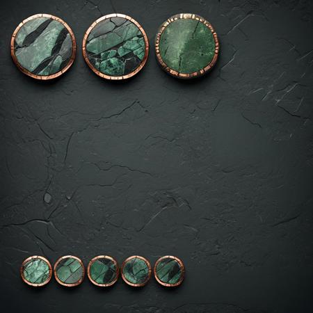 Hyper-realistic, detailed, intricate, flat texture, game item, dark gray-green stone round bar with copper edges, centered, simple black background