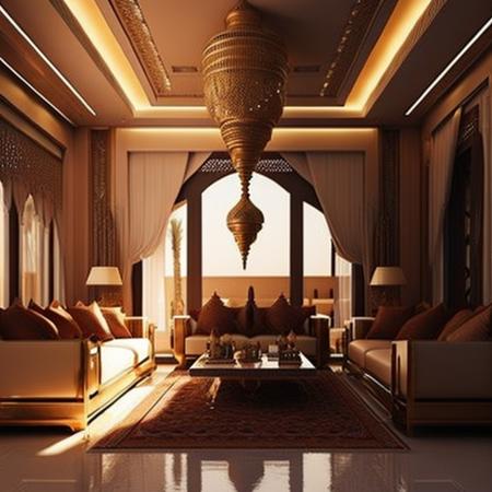 <lyco:Arabic_style_interior_design_Sa_May:1.0> arabian living room, double space, warm, minimal, ultra detail, furniture built in, highly realistic