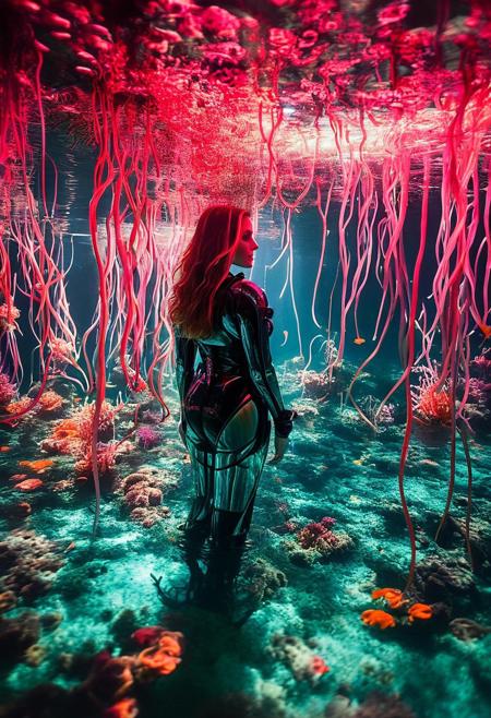 ()Hyoer Realistic:2.0)Polaroid picture of 
image of a futuristic, underwater Disneyworld in Orlando, 2070. (Focusing on the close up on the Beautiful Mature women, each with a voluptuous figure:1.75) The amusement park is teeming with life, as schools of fish dart past the iconic Cinderella Castle, now a majestic, coral-encrusted structure.
 dressed in futuristic, neon-lit scuba gear, explore the park, marveling at the wonders of this submerged world. The air is filled with the sweet scent of blooming seaweed, and the sound of gentle, underwater music.
Capture the surreal, enchanting atmosphere of this scene, where the magic of Disney meets the thrill of underwater exploration