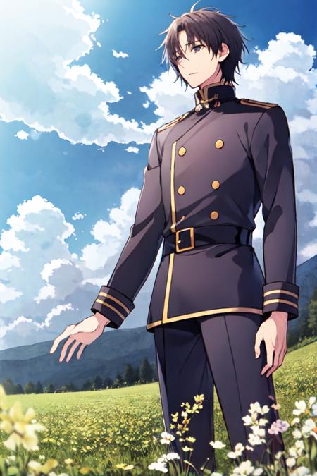 masterpiece, <lora:welliam-000035:0.5>,black uniform,standing,sky,cloud,field