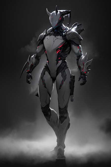 (masterpiece, best quality, high quality, absurdres), (1boy, man, robot, humanoid, symmetry, solo, highly detailed design, good body), (thick neck, broad shoulders), ((dark background:1.4, fog:1.4)), 
((japanese armor, shoulder armor, horns, spiked gauntlets)), (full body, from the front), <lora:ExcalV2:0.6>