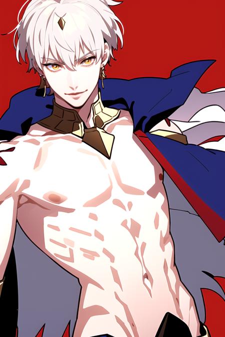 AGGA_ST015,  , Gilgamesh,  ? edmond dantes (fate) 809
General
? 1boy 1.0M
? black cape 16k
? cape 168k
? collared shirt 284k
? grey hair 467k
? hair between eyes 848k
? lips 121k
? looking at viewer 2.5M
? male focus 466k
? parted lips 366k
? red background 38k
? shirt 1.3M
? simple background 1.3M
? smile 2.2M
? solo 4.0M
? upper body 539k
? white shirt 565k
? wing collar 50k
? yellow eyes 524k, <lora:EMS-64308-EMS:0.800000>, , <lora:EMS-53599-EMS:0.800000>