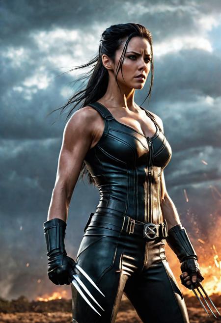 High resolution ultra-realistic of Beautiful Laura Kinney/X-23 Wolverine/Logan, cinematic lighting, Marvel style, Wolverine and X-23 stand side by side in battle pose on a bloody and stormy battlefield, 8k, realistic modern Wolverine X-Men combat costume, gazing straight ahead, dirty face, full body, ultra realistic, cinematic style, athletic figure, day lighting, sharp focus, digital painting, Photograph Taken on Nikon D750, Alphonse Mucha, Hyperdetailed, hyperrealism, aesthetics reminiscent of X-Men, Attractive, asymmetric balance