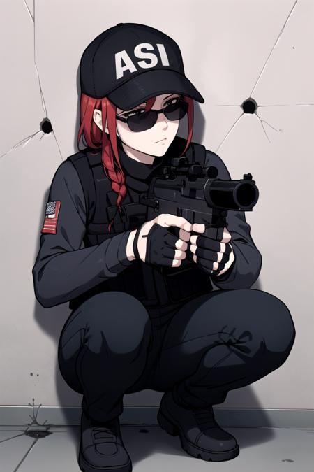 <lora:ash-000037:1> asop, asdef, black jacket, black shirt, vest, pants, black pants, fingerless gloves, baseball cap, sunglasses, red hair,
1girl, squatting, against wall, bullet hole, gun, aiming