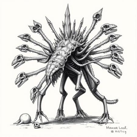 weird cryptic sketch, fossils, animals, multi armed, spikes, regenerative crystals, multiple dinosaur skeletons, 200 legged creature with dinosaur skulls on the ends, spines, bones, creature, ribs, ugly