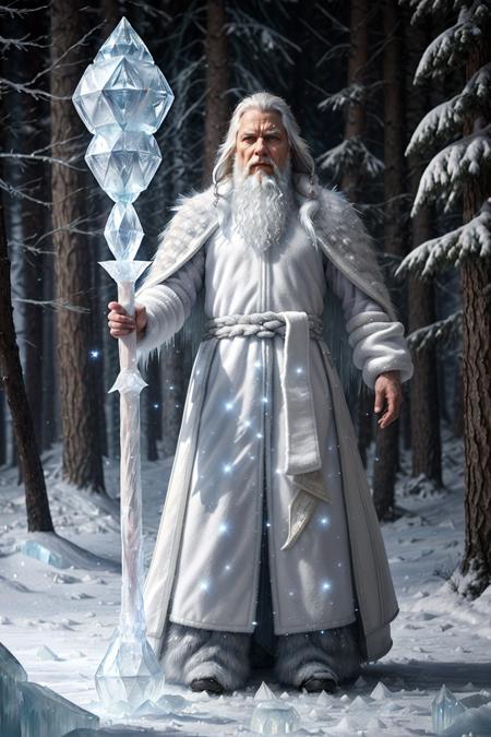 photo RAW,(high angle male, old wizard standing in winter forest, dressed in a white fur coat, white hair, beard, white tabard, (ice staff dynamic pose action magic:1.3),(particle effect illumination:1.3)), masterpiece, award winning photography, lighting, perfect composition, high detail, hyper realistic,dramatic lighting, epic, (intricate details:1.12), hdr, (intricate details, hyperdetailed:1.15)