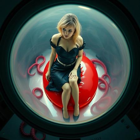 Beautiful blonde french maid is seen through giant observation blister of flying saucer. She wears flirty black glossy satin outfit and high heels, hogtied,  fully encased in transparent slime egg,  at giant red liquid slime pillow in center of flying saucer cabin. entangled with tentacles  Cinematic film still, shot on v-raptor XL, film grain, vignette, color graded, post-processed, cinematic lighting, 35mm film, live-action, best quality, atmospheric, a masterpiece, epic, stunning, dramatic. view  from above, view outside flying saucer