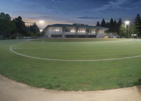 a baseball field with a lighted building in the background. <lora:Moono-10:0.70>