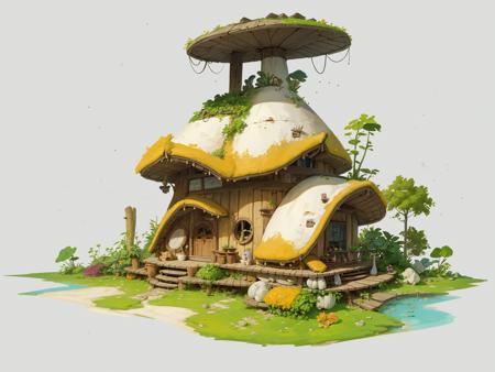 HEZI,Game single building scene,best quality,highly detailed,masterpiece,ultra-detailed,illustration,yishuhui,architecture,no_humans,solo,flower,food,grey_background,water,grass,plate,fish,watercraft,mushroom,boat,<lora:çå­ç³»åââæ¬§ç¾åä½æ¦å¿µåºæ¯:0.6>,