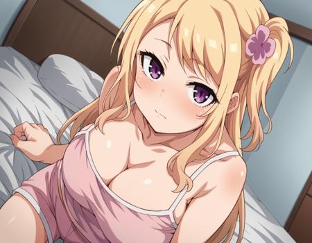 rino mizusawa, long hair, blonde hair, hair ornament, purple eyes, flower, hair flower, one side up, large breasts, bow, school uniform, sweater vest, skirt, blue skirt, shirt, collared shirt, rolled up sleeves, camisole, pink camisole, collarbone, bare shoulders, shorts, pink shorts, cleavage, thighhighs, hat, cleavage, white thighhighs, nurse cap, nurse,