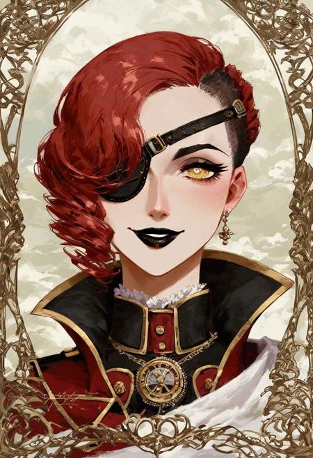 score_9_up, score_8_up, score_7_up, very detailed, 
1girl, brown skin, victorian monocle over eye, thick lens glasses, augmented eyes, eyepatch, red hair, bobcut, short hair, unkempt hair, matte black lipstick, tattooed face, arrogant expression, sly smile,  teasing pose, cute pose, steampunk military uniform, halfway unbuttoned uniform, decorated uniform, decorated white cape, noble house insignia on cape, regal stature, standing, steampunk city background, outdoors, night time, moon, solo focus on female, portrait shot, stylised, stylised background, detailed face, best detail, (best quality:1.5), masterpiece, (high resolution:1.5) 
ng_deepnegative_v1_75t, OverallDetail, , Expressiveh