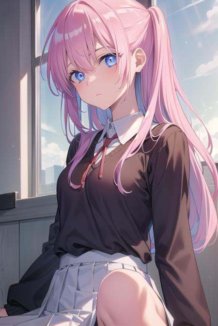 miyakoshikimori, <lora:miyakoshikimori-lora-nochekaiser:1>,
miyako shikimori, long hair, blue eyes, hair between eyes, pink hair,
BREAK skirt, shirt, school uniform, white shirt, pleated skirt, collared shirt, sweater, grey skirt, ribbon, red ribbon,
BREAK looking at viewer,
BREAK indoors, classroom,
BREAK <lyco:GoodHands-beta2:1>, (masterpiece:1.2), best quality, high resolution, unity 8k wallpaper, (illustration:0.8), (beautiful detailed eyes:1.6), extremely detailed face, perfect lighting, extremely detailed CG, (perfect hands, perfect anatomy),