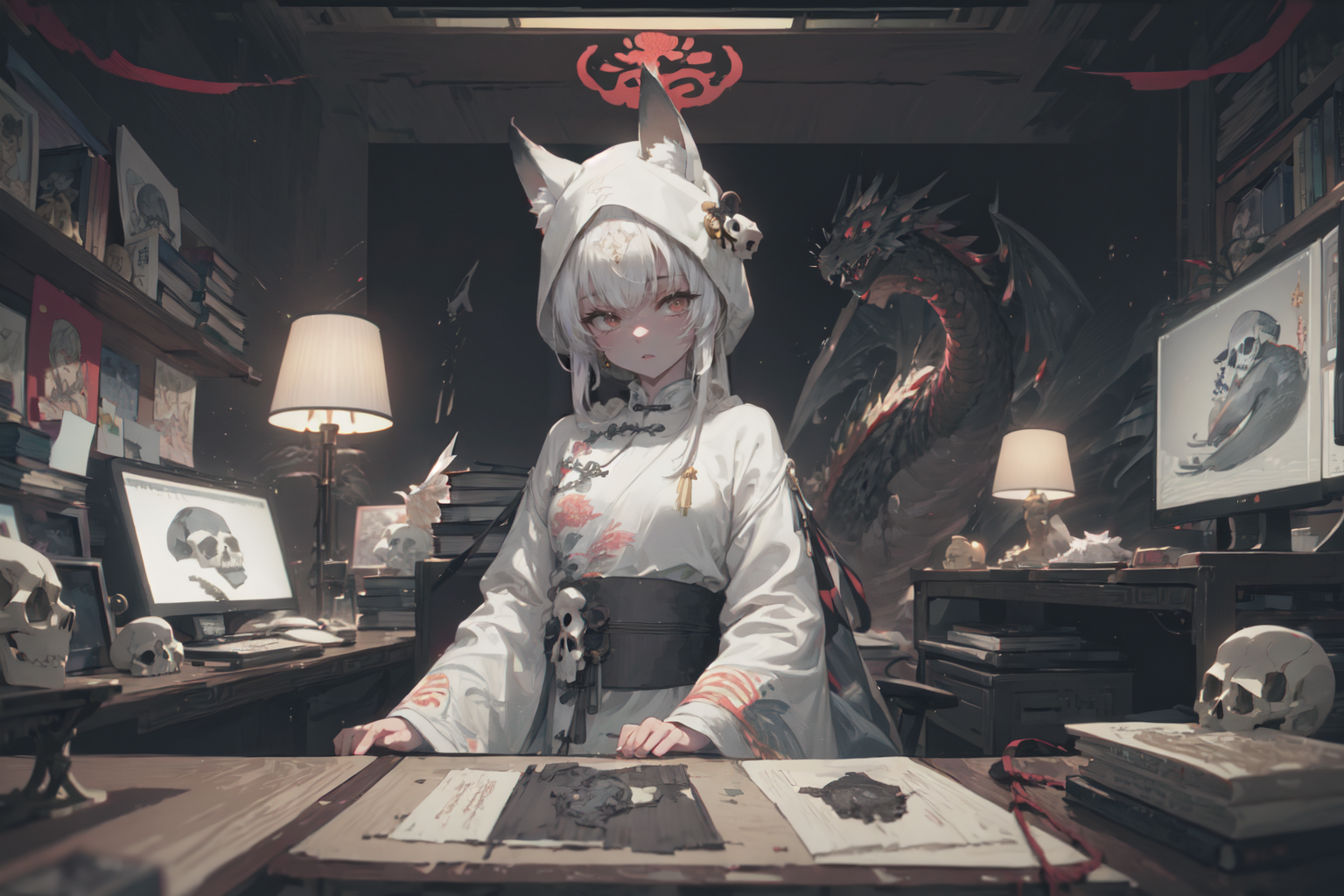 (masterpiece, best quality, detailed background, extremely detailed:1.4) BREAK  1girl, solo, white hair, red eyes, fox ear...