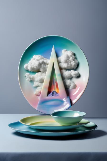 <lora:Surreal Plate:1>Surreal Plate - a plate with an opal obelisk and a cloudy rainbow