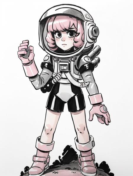 (masterpiece:1.5), (best quality:1.5),ink sketch, 1girl, solo, gloves, spacesuit, full body, pink hair, astronaut, helmet, standing, closed mouth, blush, pink gloves, space helmet, short hair, gradient, boots, gradient background, simple background, thick eyebrows, swept bangs