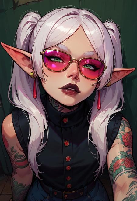 score_9, score_8_up, score_7_up, score_6_up, (masterpiece, best quality), nereirfpnxl, Frieren, green eyes, white hair, long hair, twintails, elf, thick eyebrows, earrings, denim vest, sunglasses, dark lipstick,  from above
posing, looking at viewer, , neon, t4ts, tattoos, tattoo