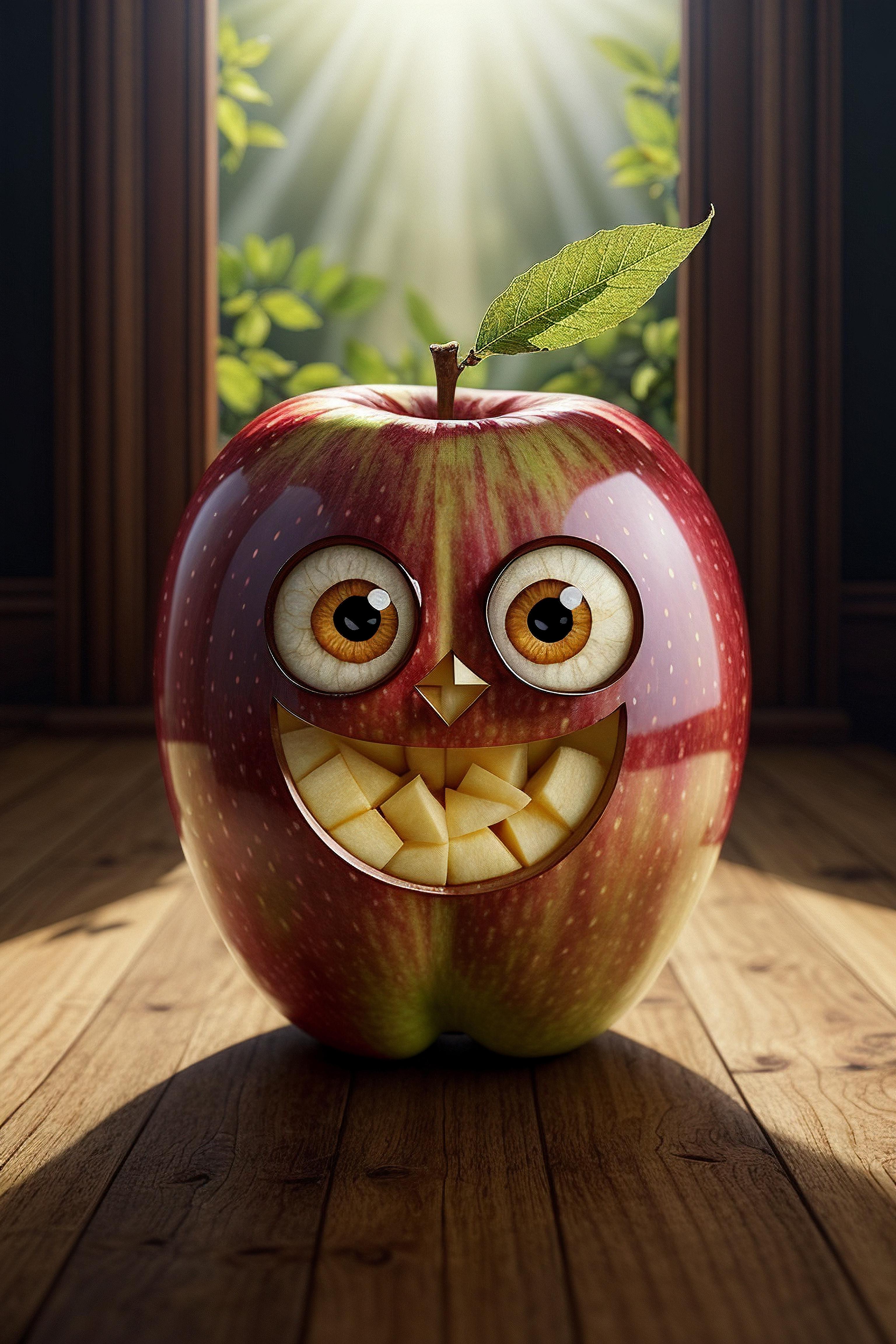 A smiling apple with owl eyes and a mouth made of cheese sits on a wooden table.