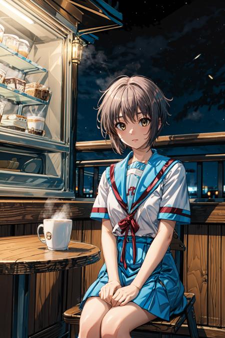 (masterpiece),(best quality), <lora:NagatoYuki:0.85>, yuki, summer uniform, blue skirt, kneehighs,  short sleeves, serafuku, blank eyes, inexpressive face, sitting in a cafe, (cafe shop), coffee, coffee cup, steam, ((night)), milky way, <lora:Adddetail:0.7>, looking at the viewer, <lora:Velvia1:0.6>