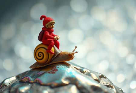 tiny red gobin jockey riding a golden snail on a smooth iridescent rock, metallic striped shell, glittering bokeh background