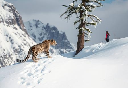A majestic snow leopard ascends a rugged, snow-capped mountain, its fur blending seamlessly with the surrounding landscape. The cat's paws leave gentle prints in the fresh powder as it approaches a towering evergreen, its branches adorned with delicate, crystalline rime ice formations. In the distance, a woman stands at the mountain's edge, her figure tiny against the vast snowy expanse.