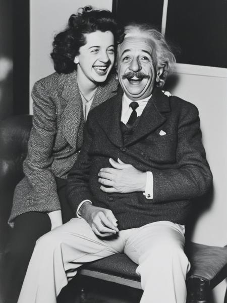 <lyco:Weegee:1.0> laughing einstein with a happy woman sitting in his lap, BY weegee