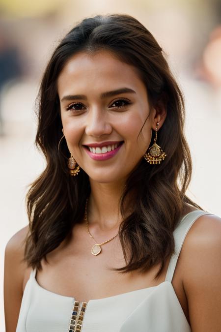 Realistic photo of a beautiful j3ss1c44-v2 woman,  1girl, solo, long hair, looking at viewer, smile, brown hair, bare shoulders, brown eyes, jewelry, collarbone, earrings, teeth, grin, lips, realistic, nose, soft lighting, professional Photography, Photorealistic, detailed, RAW, analog, sharp focus, 8k, HD, DSLR, high quality, Fujifilm XT3, film grain, award winning, masterpiece<lora:j3ss1c44-v2:1.0>