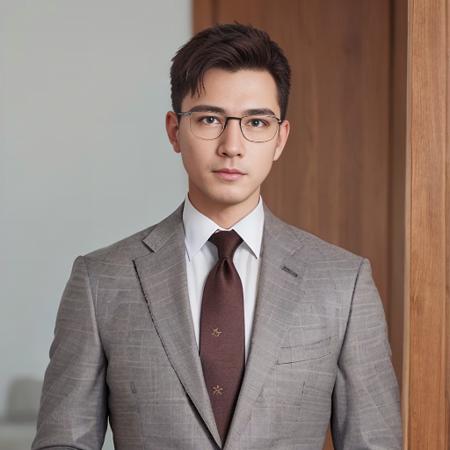 Realistic,  (masterpiece, best_quality:1.1), a man wearing glasses  standing in front of a glass door with a cross on it, zegna, Drop+7, Double vents, Notch lapels, Flap pockets, 2-button closure, Fully lined, Deconstructed, 100%+Wool, Grey, suits, young, wearing a undercloth and tie, oxford knot