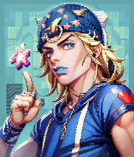 blonde eyebrows, 1boy, johnny joestar, blue beanie hat wi star pattern onit and horseshoe, wristbands,blue lips, jojo, (pixel art), small details, ultra detailed, blonde hair, 
 <lora:johnnyNAI:0.9>