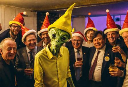 rosewell alien at a party with world leaders, (yellow christmas hats), festive, crazy, drinking, partying, techno, hyperdetailed photography, cinematic lighting