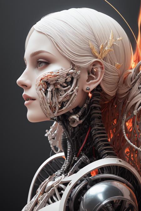 8K, fire ,red, flame,,explosion, , highly detailed, a beautiful ultra detailed of a beautiful profile, biomechanical cyborg,deamon 1mechanical girl,((ultra realistic details))woman with all ruby red dress, fantasy,, fantasy, intricate, elegant, highly detailed, , sharp focus, illustration,red black hole, MCSkin complex 3d render ultra detailed of a beautiful profile, biomechanical cyborg, analog, 150 mm lens, beautiful natural soft rim light, big leaves and stems, roots, fine foliage lace, colorful details, samourai, Boris Bidjan Saberi outfit, pearl earring, piercing, art nouveau fashion embroidered, intricate details, mesh wire, mandelbrot fractal, anatomical, facial muscles, cable wires, microchip, badass, hyper realistic, ultra detailed, octane render, volumetric lighting, 8k post-production, red and white with a bit of black, detailled metalic bones, semi human, iridescent colors, Glenn Brown style, white room,(art by David Sims:1.3),,<lora:LowRA:.9>dark theme