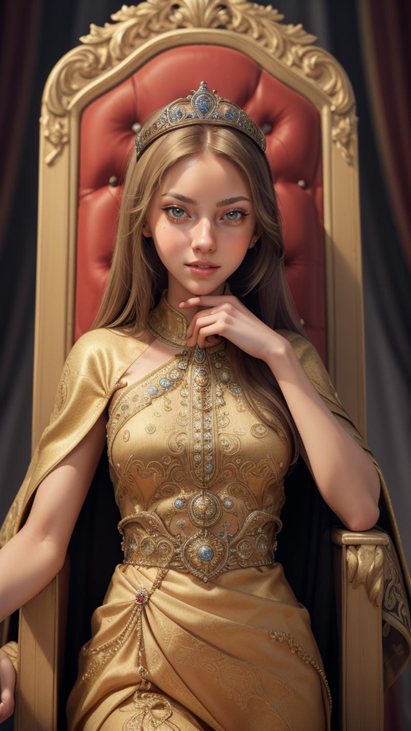 A 3D rendered image of a woman in a gold dress sitting on a red chair.