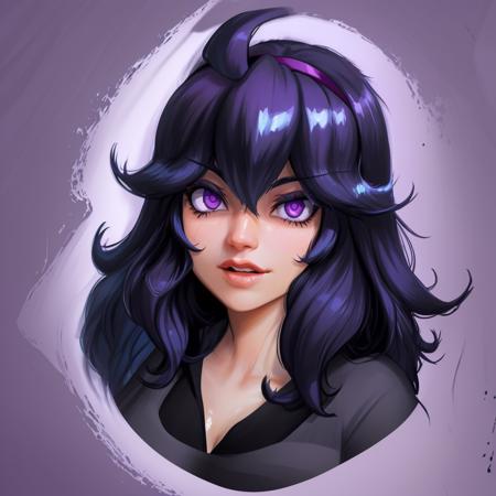 Evulart style, evulart \(Artist\),Hex maniac \(POKEMON\), 1girl ,solo,black hair, ((((head shot)))), hair band:1.3, purple eyes, background: shimmering and stars,<lora:evulart-Style_V2:1>, <lora:hex_maniac_v1:1>