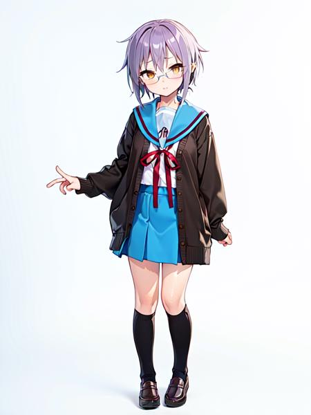 masterpiece, best quality, ultra-detailed, illustration,
kita high school uniform, 1girl, school uniform, solo, nagato yuki, serafuku, skirt, winter uniform, sailor collar, blue sailor collar, short hair, blue skirt, cardigan, purple hair, glasses, open clothes, open cardigan, socks, shoes, red ribbon, kneehighs, brown eyes, ribbon, holding book, full body, brown cardigan, long sleeves, simple background, white background, 
 <lora:kitakouseifuku:0.8>