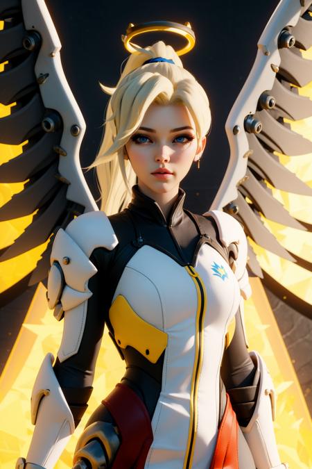 (masterpiece, best quality:1.2), intricate details, <lora:A3D_Beta:1>, 1girl, mercy (overwatch), mechanical halo, blonde hair, mechanical wings, blue eyes, lips, gloves, looking at viewer, armor, ponytail, eyelashes, makeup, standing, upper body, realistic