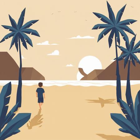 <lora:Flat style-000014:1>,Flat style,A boy walking on the golden beach,